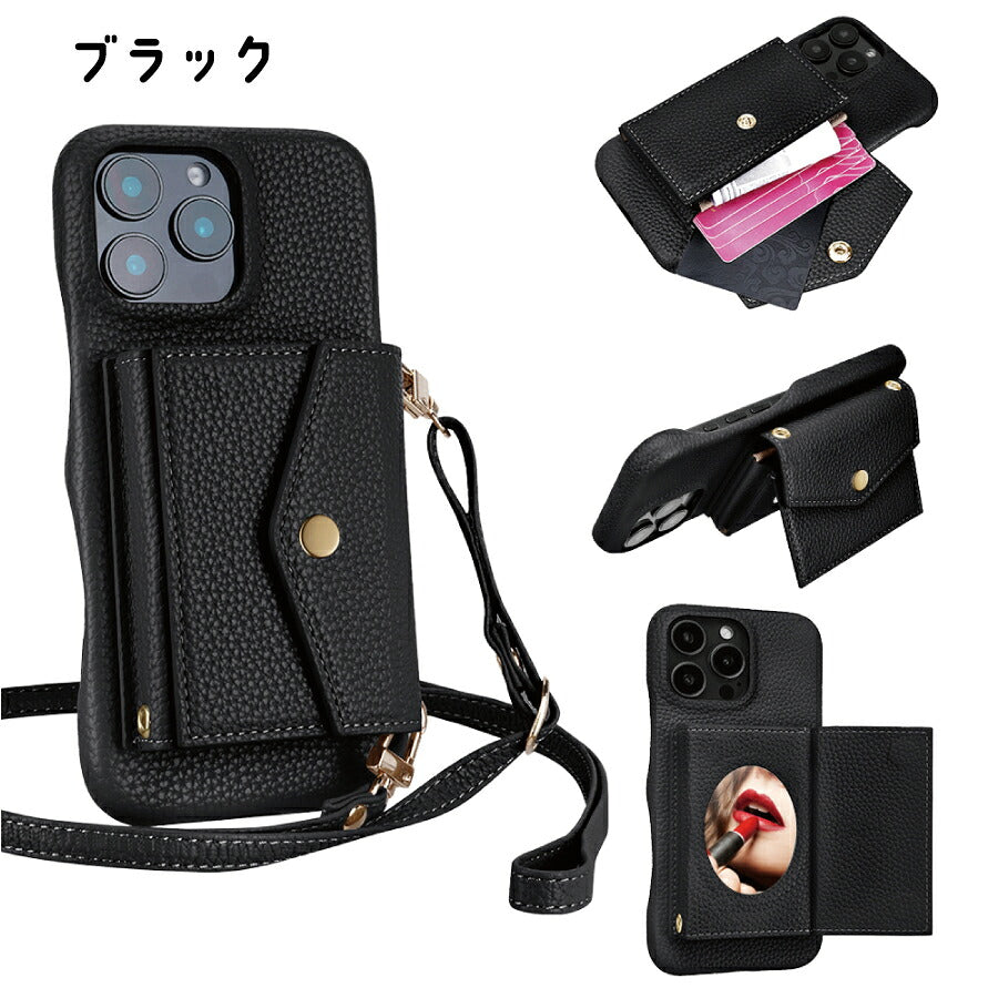 iPhone15 ショルダーケース iPhone ショルダー アイフォン15 iphone 15 ケース カバー PUレザー カードポケット カード収納 ミラー付き